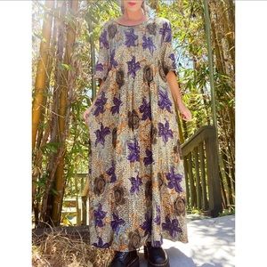 1980s vintage maxi floral dress with pleats size fits all womens cotton tie